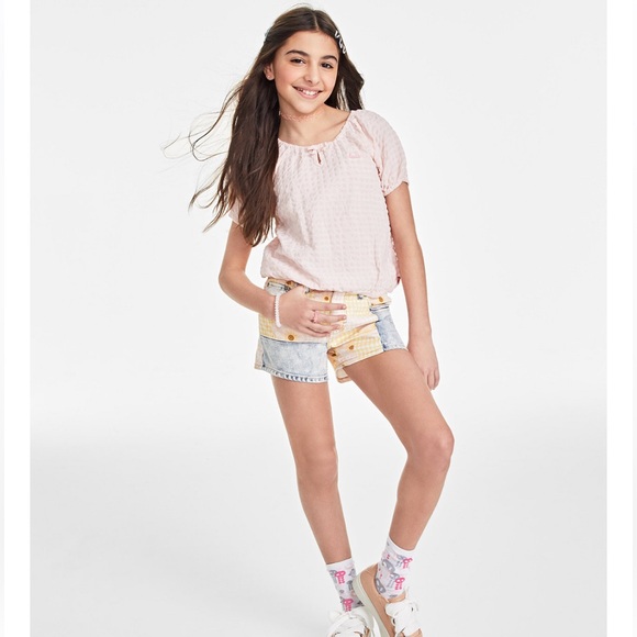 NWT Big Girls Gingham/Daisy Pattern Block Adjustable-Waistband Girlfriend Shorts - Picture 2 of 11